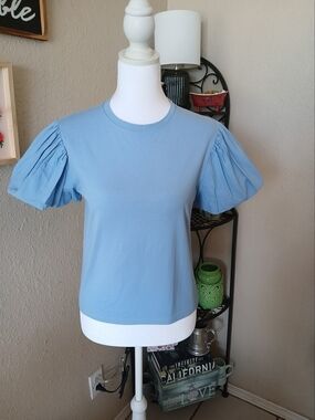 Zara Light Blue Puff Sleeve Crewneck Tee